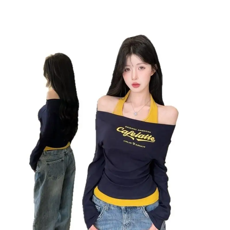 かわいい女の子ファッション トップス 学生風 漫画風 カジュアル レディース服 2025 春秋新作 ピュアカラー ブロックカラー ホルターネック フェイク