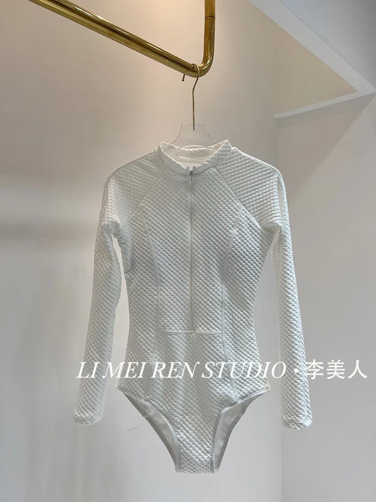 New White long sleeved one-piece swimsuit for women