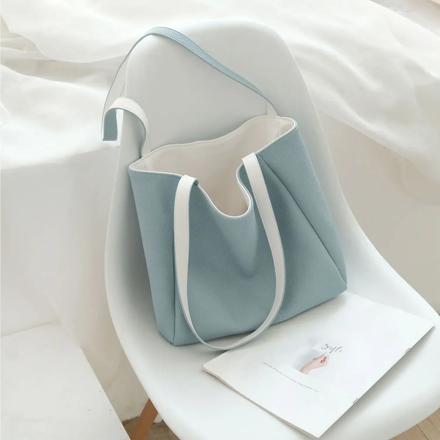 Ins Japanese Korean Double Sided Pure Color Versatile Large Capacity One Shoulder Handheld Underarm Tote Bag