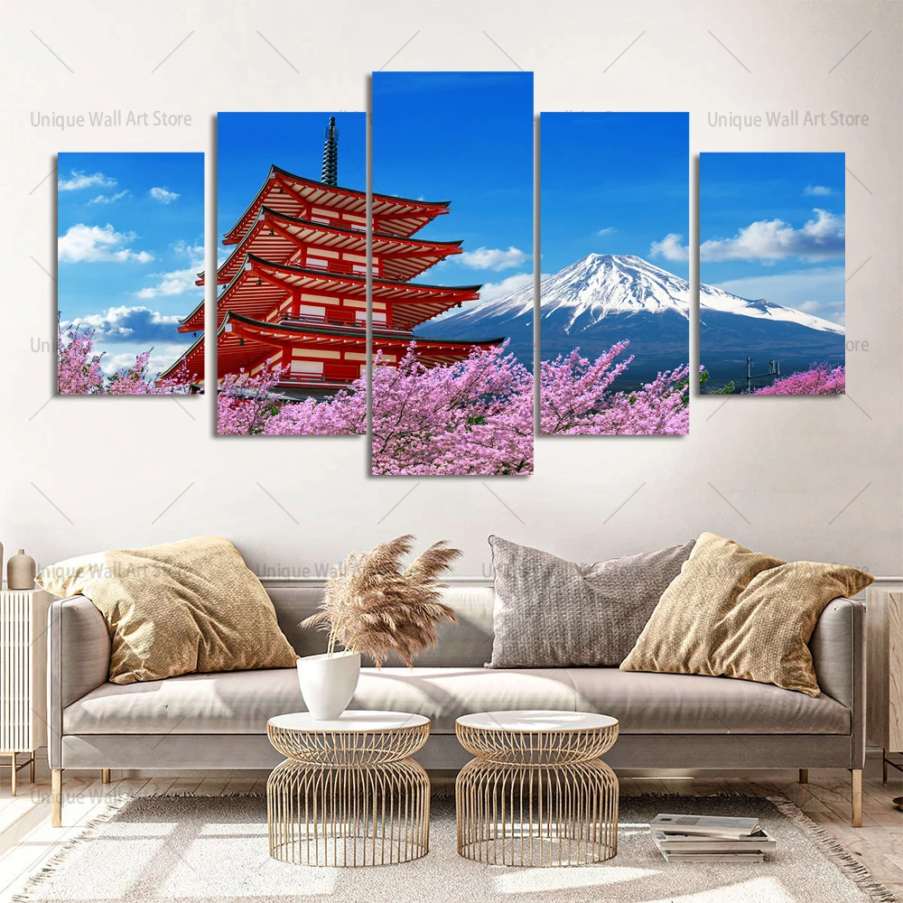 5 Panels Japanese Style Mount Fuji Canvas Painting Wall Pictures Cherry Blossoms Landscape Posters for Living Room Decoration