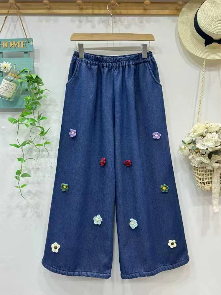 New 2026 Spring Cotton Denim Fleece Trousers, Women Elastic Waist 3D Floral, Mori Girl French OL Sweet Wide Leg Jeans B5D858CC