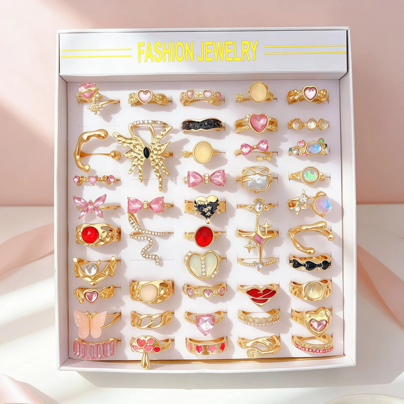 8/15/25/35/50Pieces Fashion Flower Heart Pink Rhinestone Rings Set For Women Mix Style Trendy Open Daily Jewelry Party Gifts
