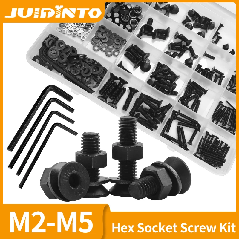 JUIDINTO Flat Hex Head Socket Cap Screws Bolt Nuts Washer Assortment Kit M2 M2.5 M3 M4 M5 Carbon Steel Machine Screw and Nut Set