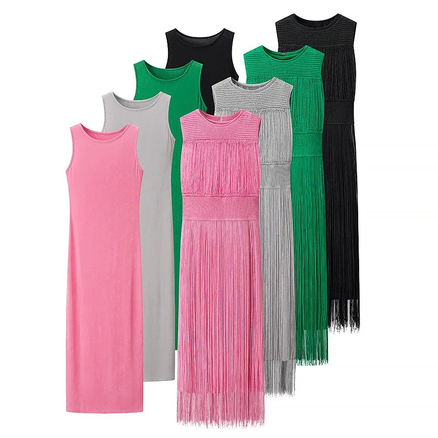 

Autumn Two Piece Dress Set Woman Fashion Two Piece Knitted Fringe Dress Casual Slim O Neck Sleeveless Midi Long Dresses Vestidos