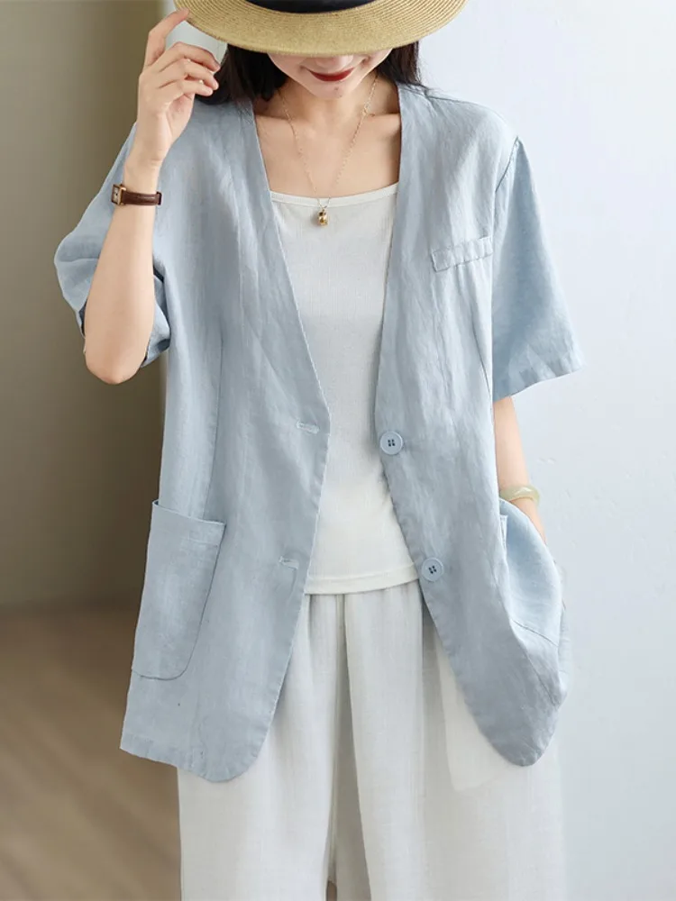 Light Blue Cotton Linen Short Sleeve Suit Women Summer Thin Outerwear Loose V-neck Casual Elegance Open Cardigan Linen Top