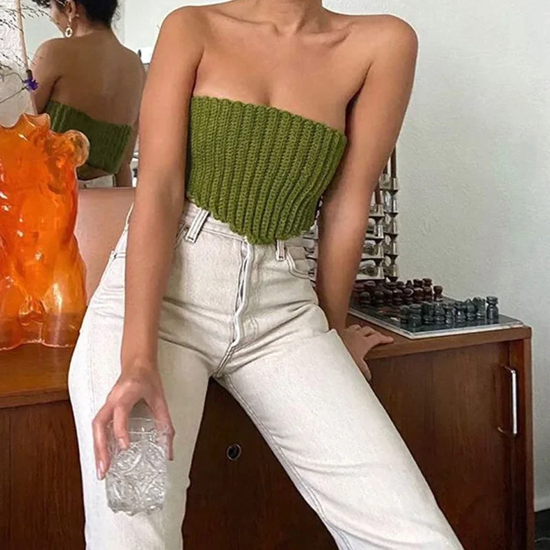 

Sexy Slim Knitted Tube Top Casual Strapless Backless Crop Top 2024 Autumn and Winter Irregular Cross Bandage Corset Streetweart