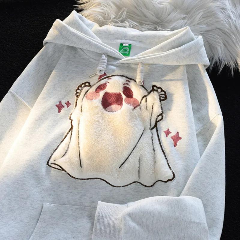 Winter Halloween Ghost Plush Embroidery Pattern Hooded Pullovers Cartoon Cute Sweater For Women Couple Matching Autumn Clothes