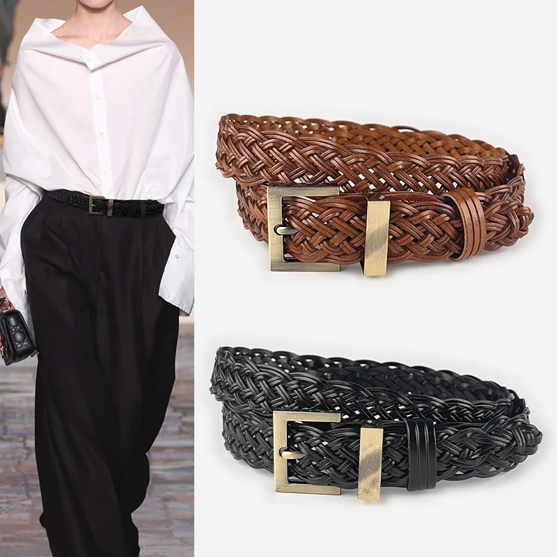 

Hand-woven Bonded Leather Waist Belts for Women Nnn-Hole Buckle Adjustable Shit Skirt Dress Corset Belts Cinturones Para Hombre