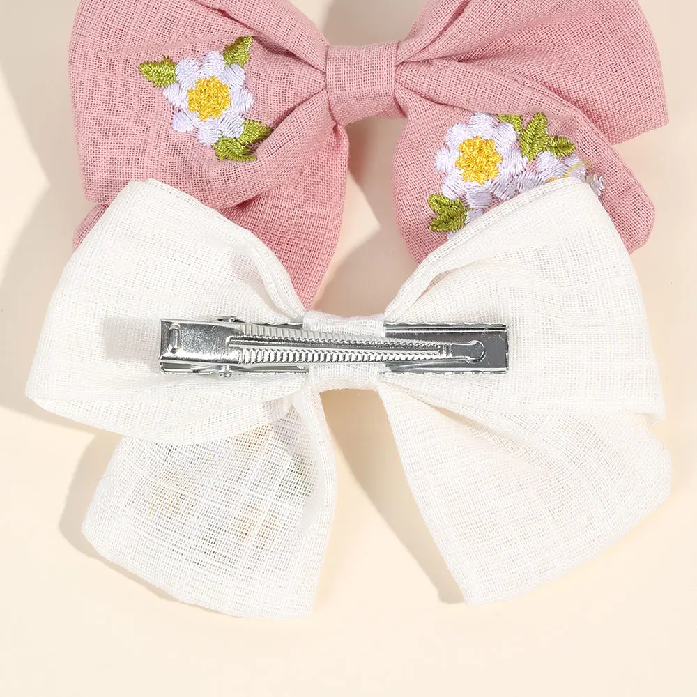 2PCS Embroidery Floral Bow Hairpin Vintage Child Ribbon Flower Hairclips Ribbon Floral Pins For Hair Girls Handmand Headwear