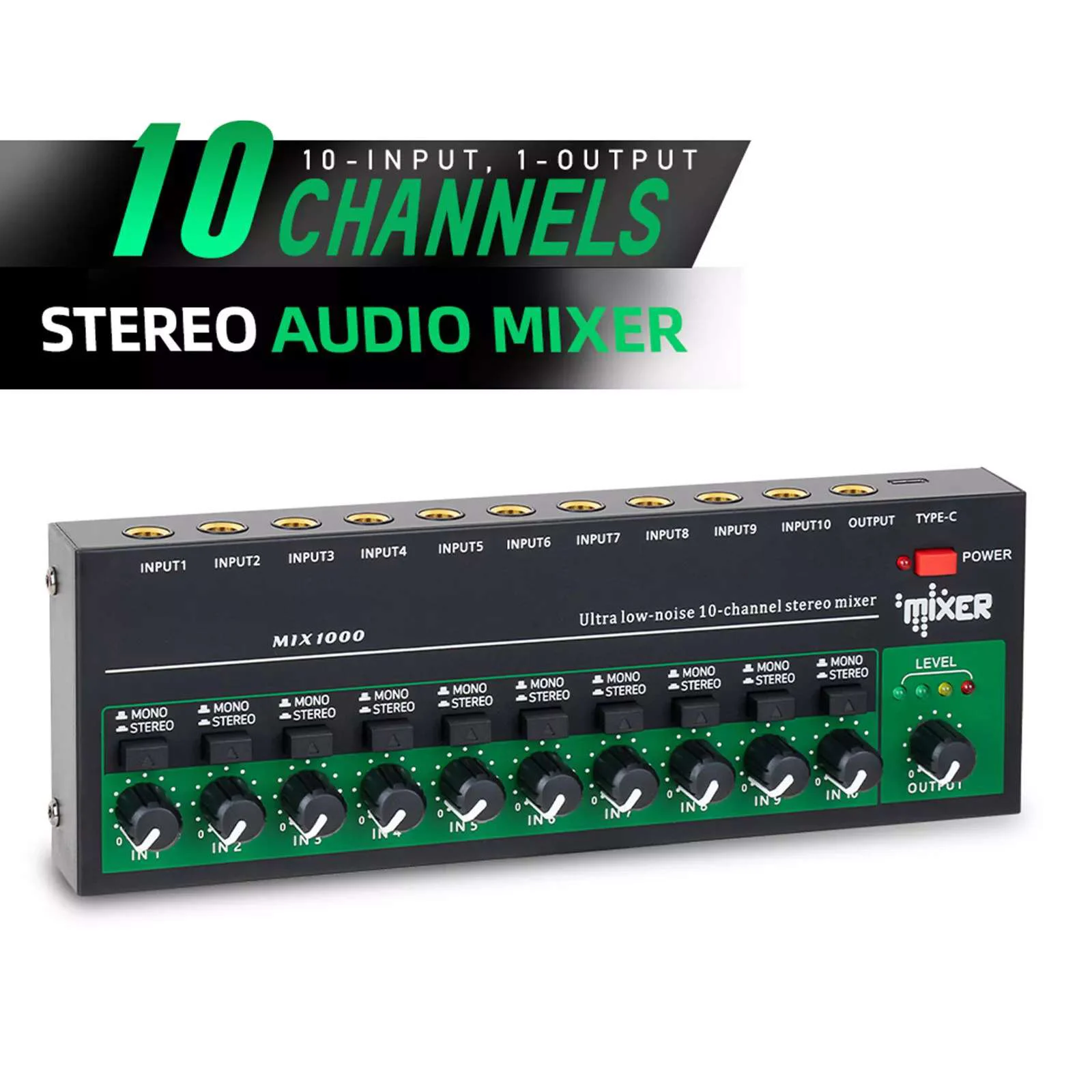 10-Channel Mixer Audio Mixer Stereo Mono Line Mixer 6.35mm TRS/TS Input Metal Shell Type-C Audio Processor