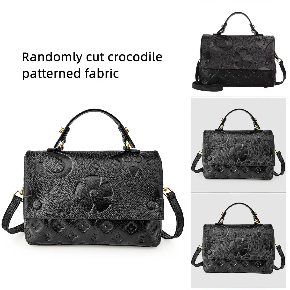 Aidrani The New WOMEN\'S One Shoulder Crossbody Bag Is Made of High-quality Cowhide and Printed with Black Flower Patterns