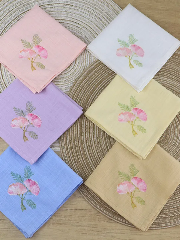 Chinese Style Hanfu Matching Albizia Flower Printed Slub Cotton Handkerchief Soft Breathable Portable Square Towel For Women Swe