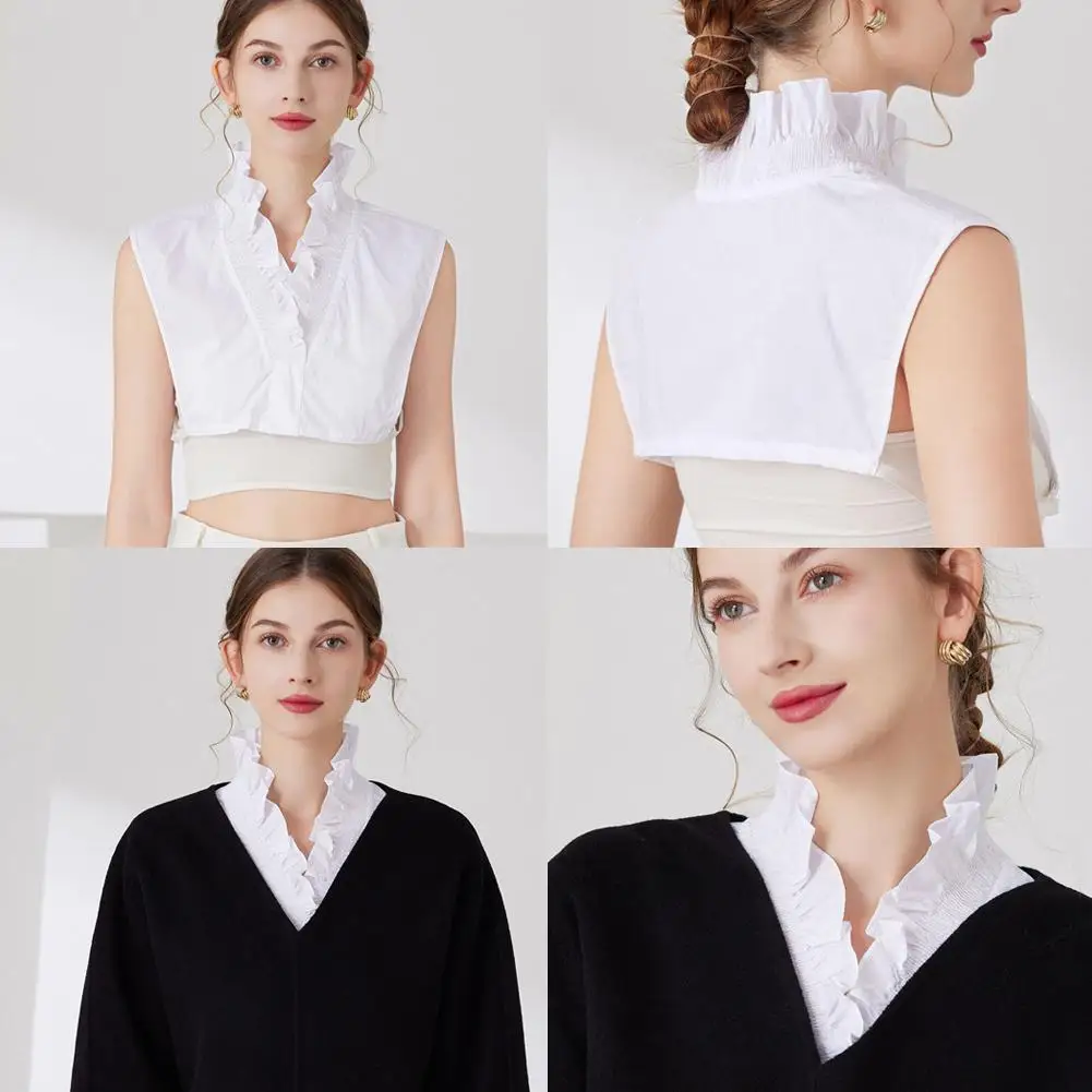 

White Cotton Fake Collar Detachable Blouse Dickey Collar Half Shirts False Collar Lace Ruffled Stand Collar For Women & Gir C4H7