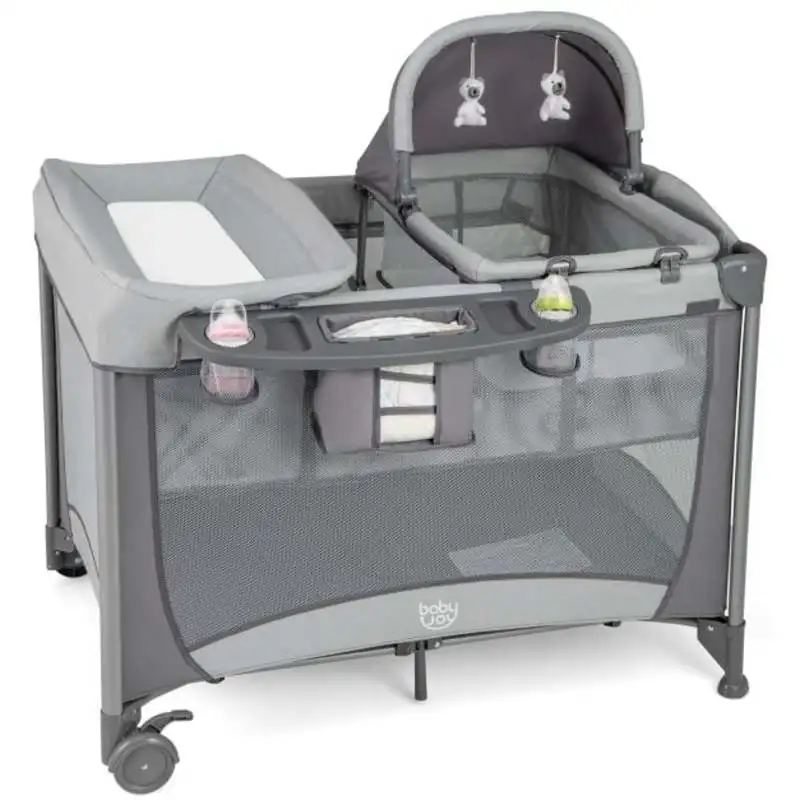 5-in-1 Babybett Faltbares Reisebett Laufstall Wickeltisch mit Wiege Abnehmbarer Matratze Spielzeug Seiteneingang Grau