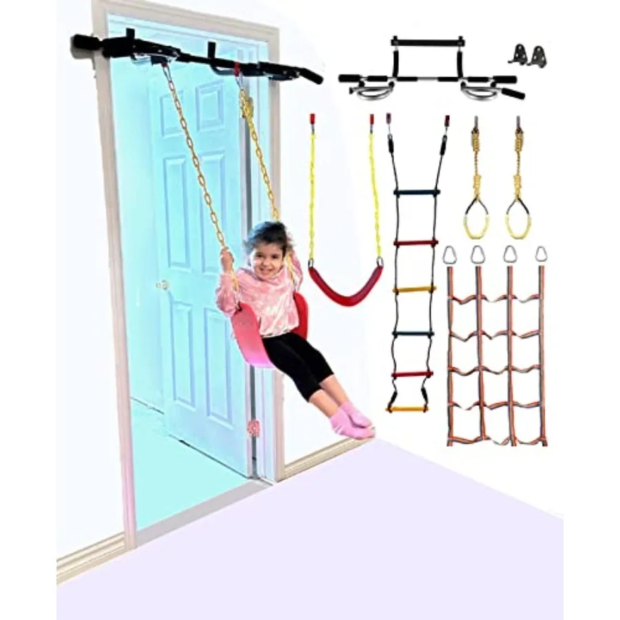 

6 in 1 Indoor Gym Playground Combo for Featuring Doorway Gym Swing Set with Pull Up Bar Includes Swing Seat Climbing Cargo Net