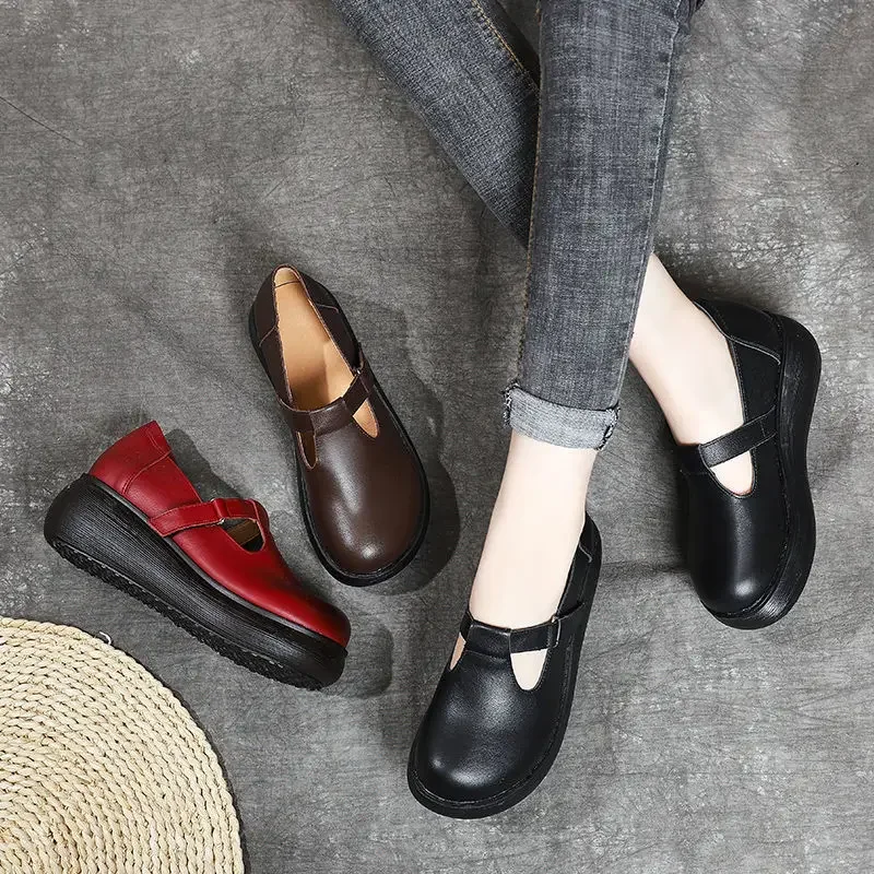 2024 Handmade Retro Style Women Platform Shoes Spring Summer Genuine Cow Leather Wedges Heel Shallow Casual Shoes