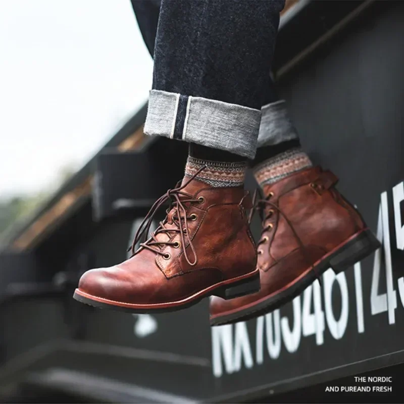 Handmade Men\'s Boots Street Man Motorcycle Boots Lace Up Round Toe Street Style Men Ankle Boots for Men Brown Retro Oxford Shoes