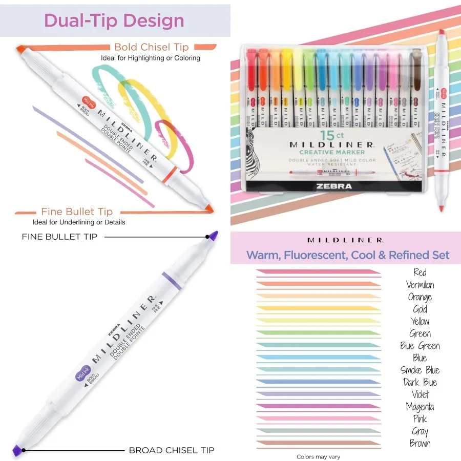 

Набор двусторонних хайлайтеров Zebra Pen Mildliner с широкими и тонкими наконечниками для мелирования Библии и изготовления заметок без разработки