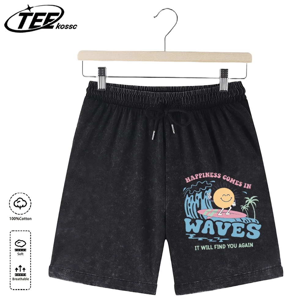 

Happiness Comes In Waves Pattern Men Summer Youthful Beach Washed Pants Basics Comfy Cotton Bottom Hip Hop Street Sportpants