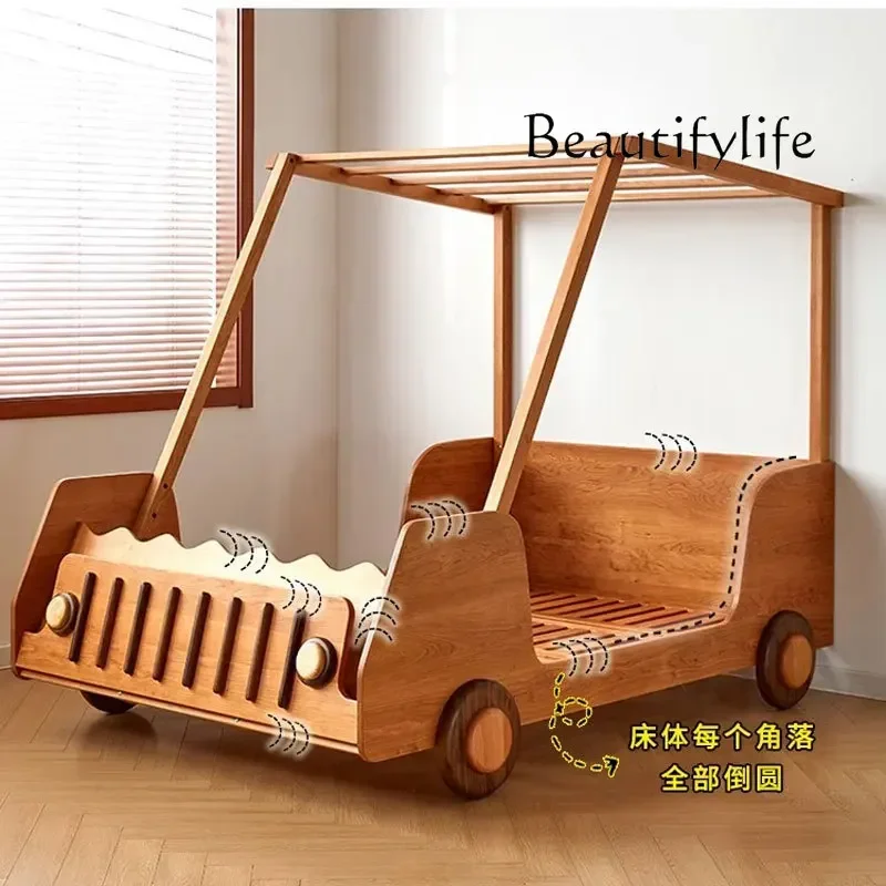 z.Modern sports car cartoon car bed boy solid wood fence boy bed room cherry wood bed