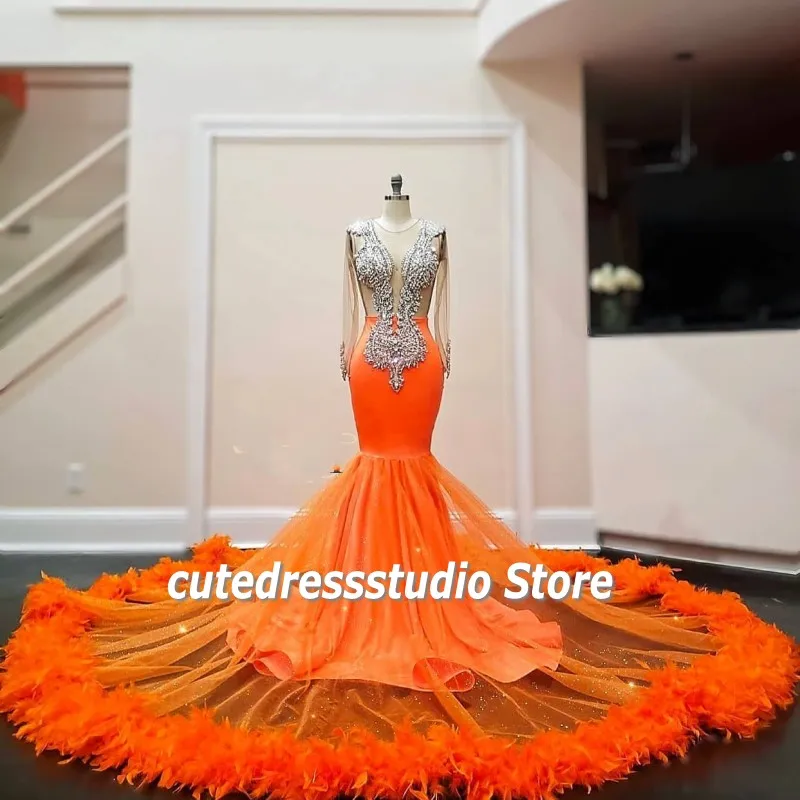 Robe De bal à plumes Orange pour filles noires, robes De concours à manches longues avec strass, robe De remise De diplôme