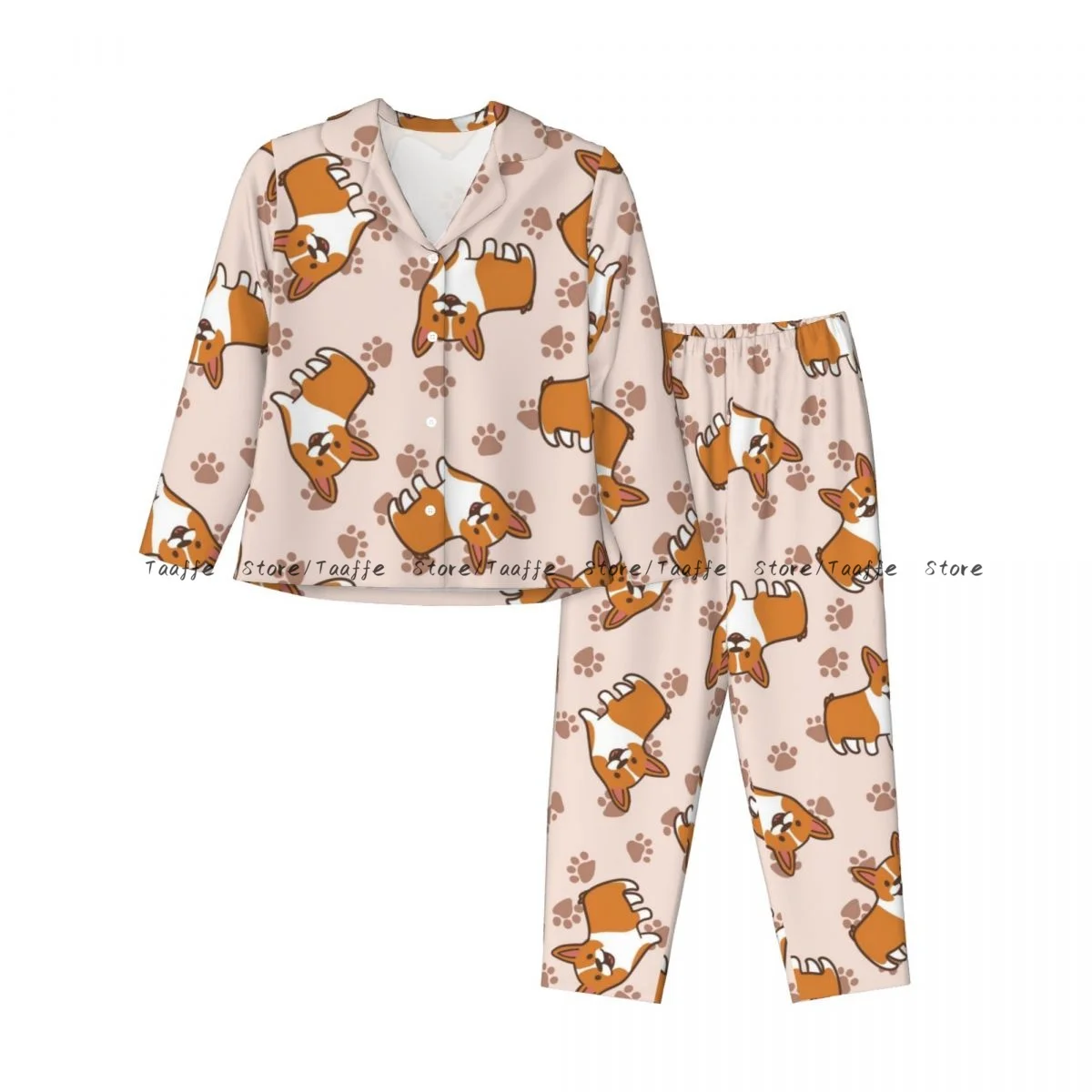 Spring and Autumn Pajama Set Women's Long Sleeve Pants Two Piece Cartoon Corgis Dogs Home Furnishing Set