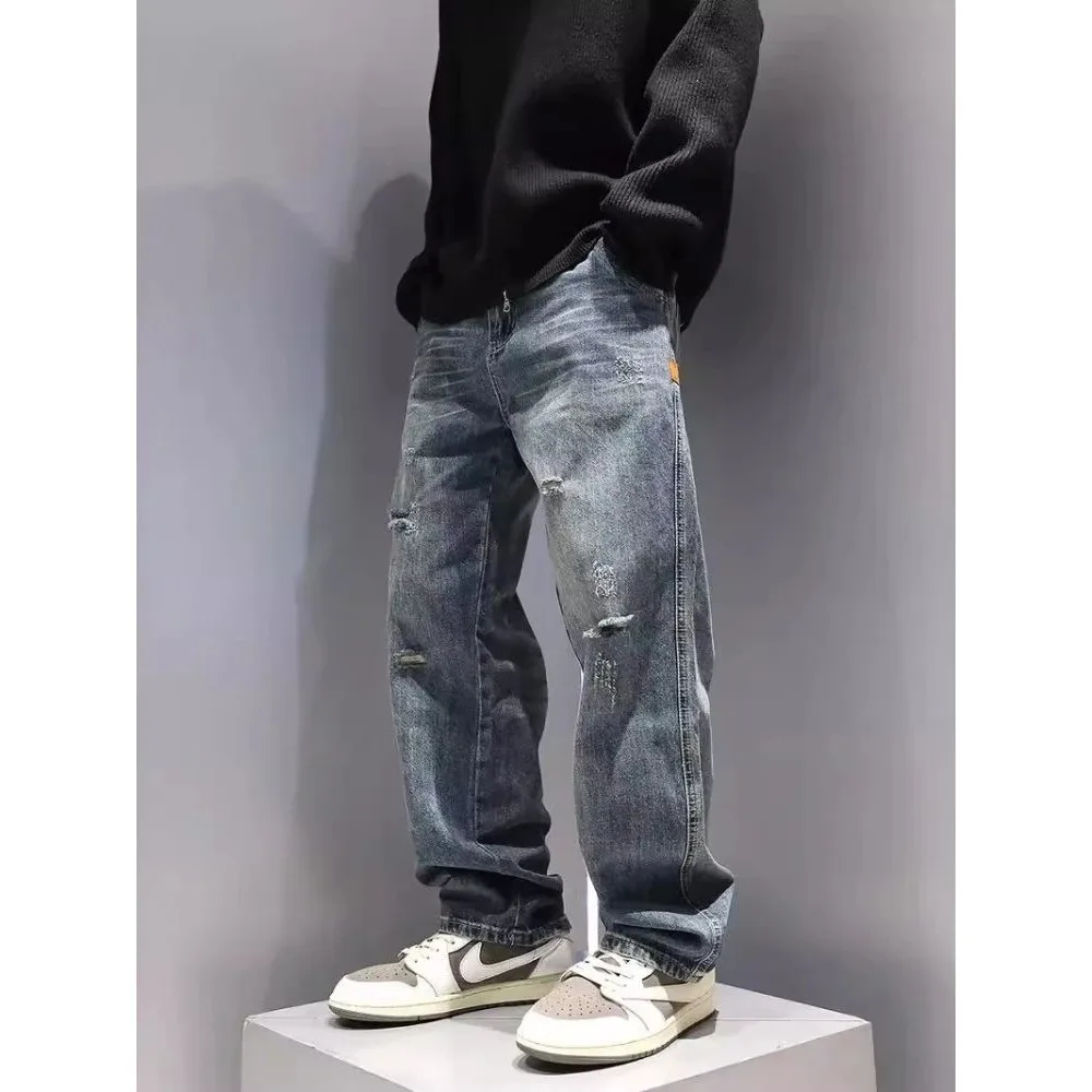 

Men's Vintage Blue Ripped Jeans Straight Leg Casual Pants Cleanfit Sle PVC Material Neutral G Winter Collection