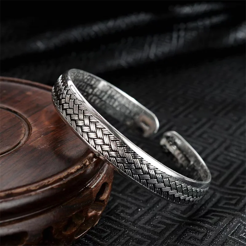 Simplicity Chinese National Style S925 Sterling Silver Men's Bracelet Fashionable Woven Retro Silver Chain Face Open Bangle