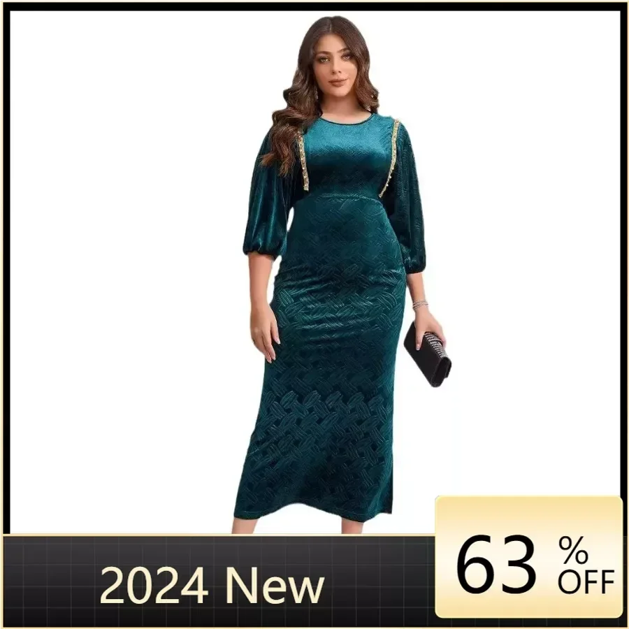 

Elegant African Party Evening Dresses for Women 2024 Spring 3/4 Sleeve Velvet Long Maxi Dress Muslim Fashion Abaya Bodycon Dress