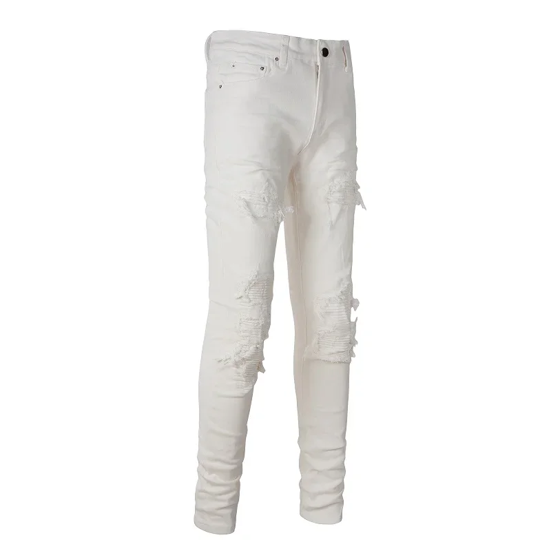 

Drip Jeans High Street Slim Fit Distressed Holes Ribs Patchwork Stretch Beige Ripped Jeans For Young Boy