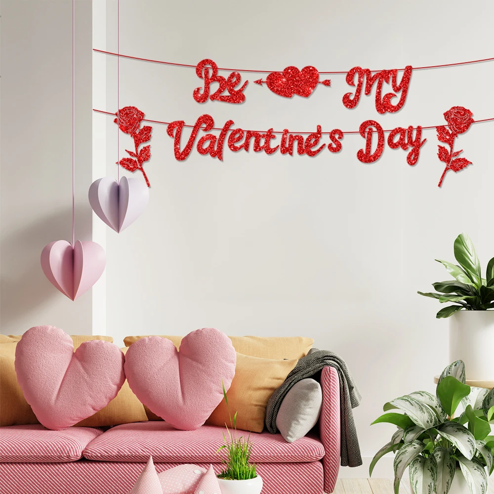 Red Valentine's Day Banner Romantic Valentine's Day Party Decoration Hugs Kiss Be Mine XOXO Glitter Paper Garland Bunting Banner