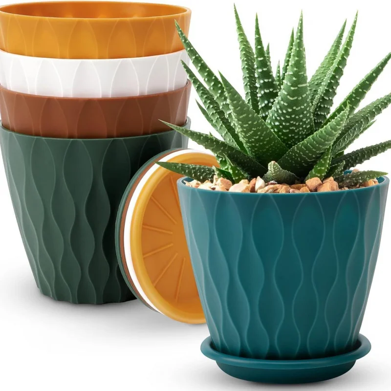 5 Pieces 6 1-inch Plastic Flower Pot with Saucer Thickened PP Material Modern Wave Pattern Indoor and Outdoor Garden Plant Pots
