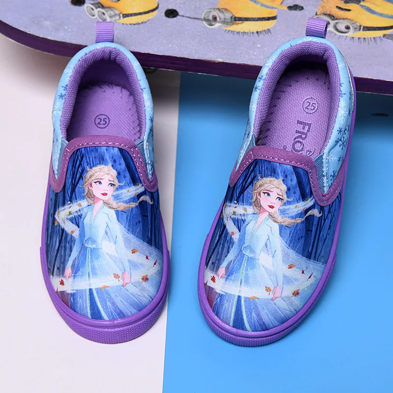 Disney Children\'s Casual Canvas Shoes Cartoon Priness Elsa Pattern Girls\' Cartoon Breathable Shoes Student Blue Shoes Size 26-29