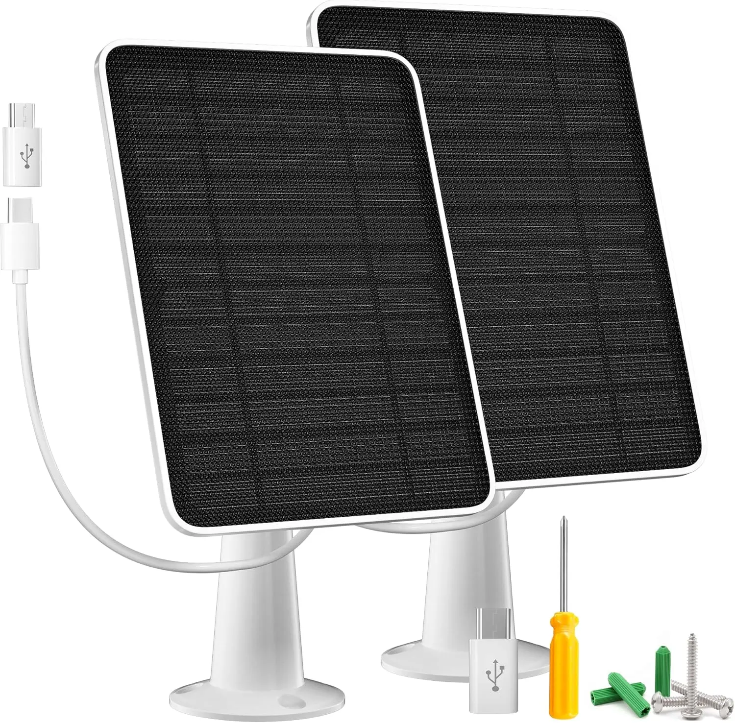 5W Solar Panel Charger with IP65 Waterproof, 10ft Cable & Wall Mount for Outdoor Security Cameras, 2 Pack