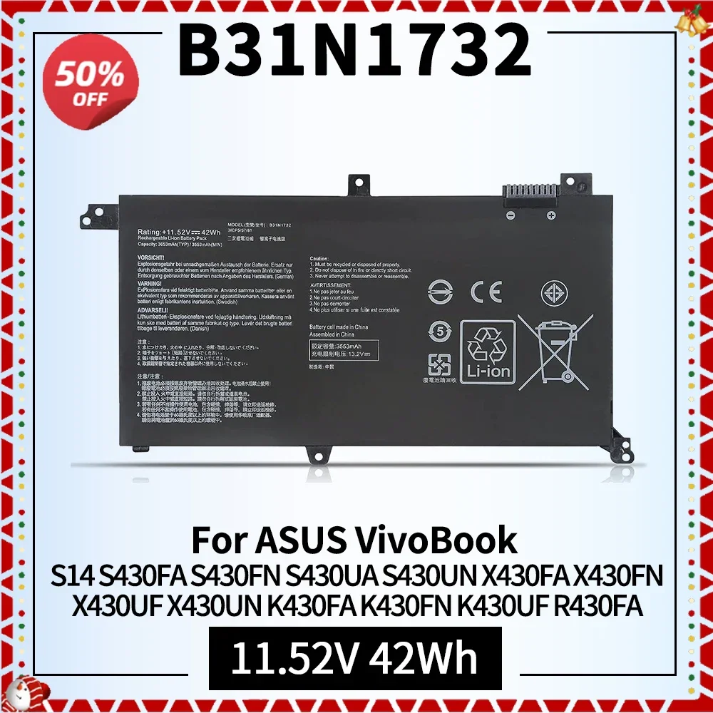 

42Wh B31N1732 Laptop Battery Replacement for ASUS VivoBook B31N1732 S14 S430FA S430FN S430UA S430UN X430FA X430FN X430UF X430UN