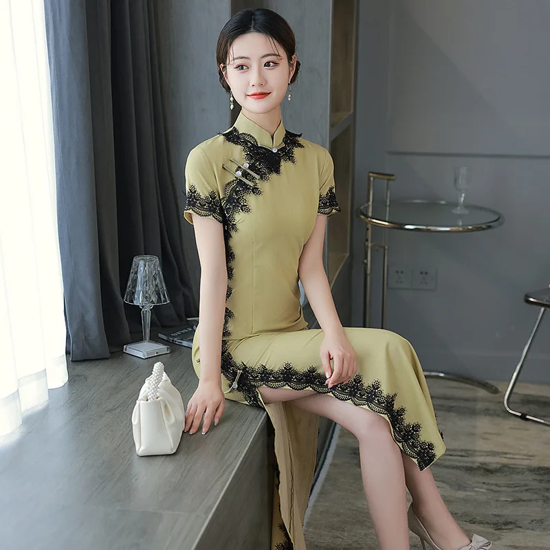 

Lace Mandarin Collar Long Qipao Short Sleeve Chinese Style Cheongsam Dress Women Vintage Button Vestidos Formal Party Gown