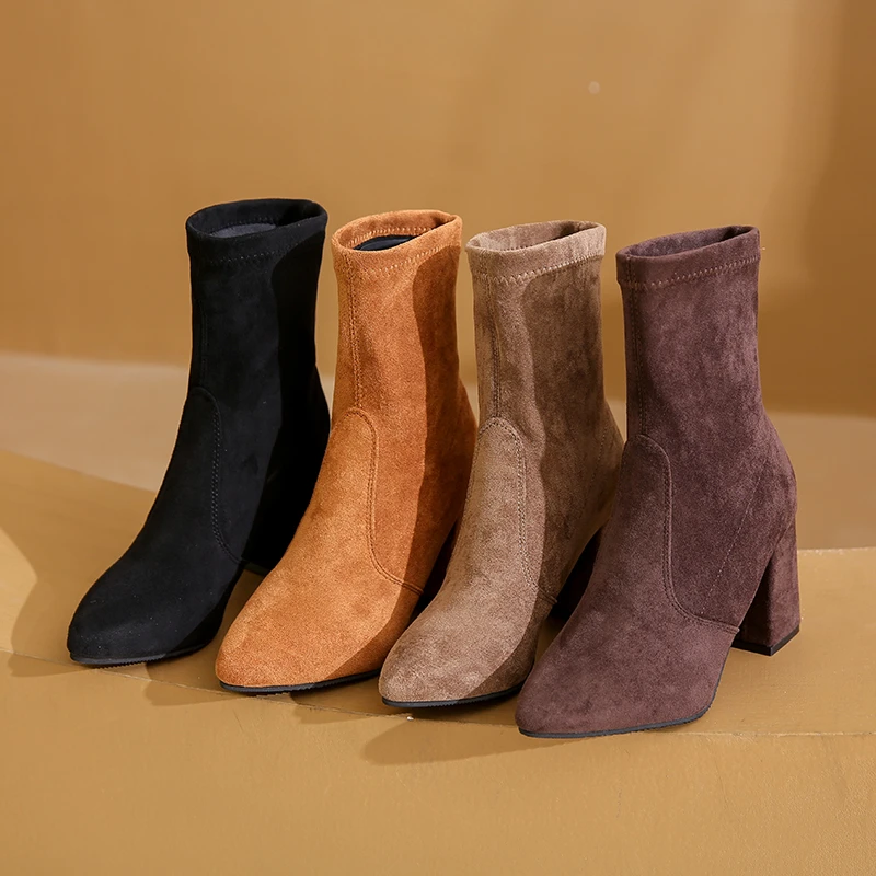 Black Brown Flock Thick Heel Ankle Boots Women Winter Shoes Nice Elegant High Heel Pointed Toe Keep Warm Short Booties Ladies