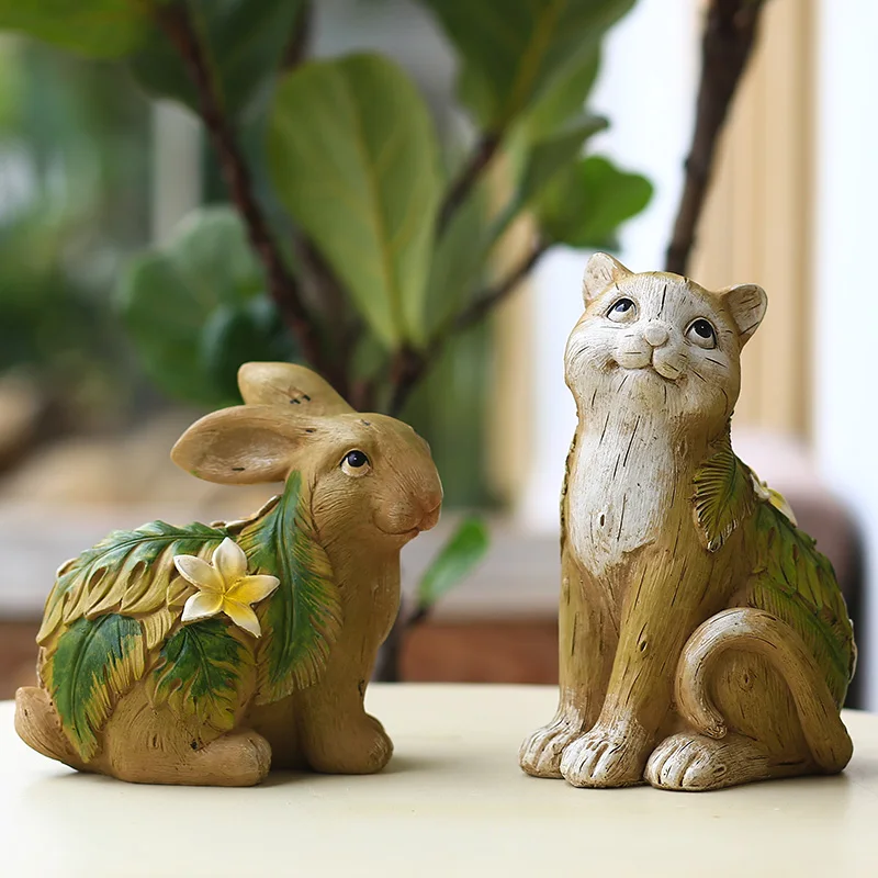 Handmade Resin Cat Rabbit Snail Tortoise Statues Green For Home Garden Outdoor Yard Lawn Decoration