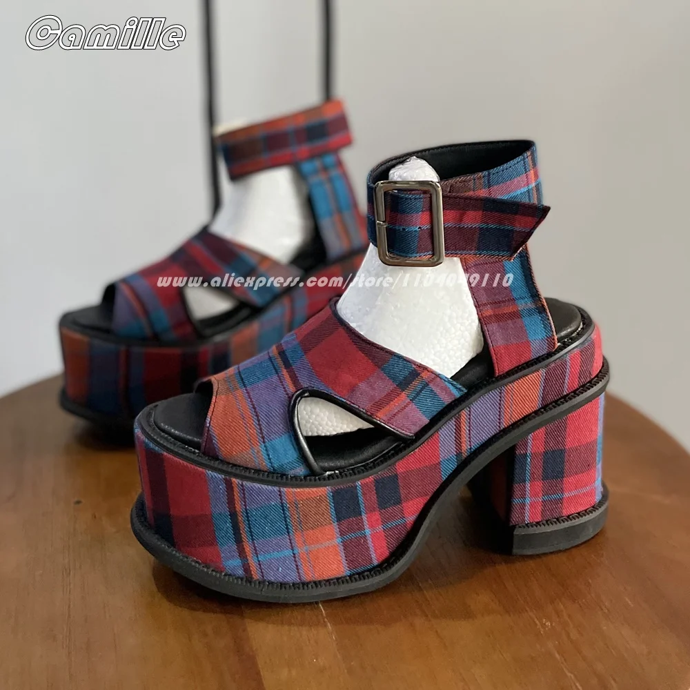 

Red&blue Grid Belt Buckle Strap Chunky Heel Sandals Open Toe Hollow All-Match 12CM Casual Pumps Size 33-47 Catwalk Style Sandals