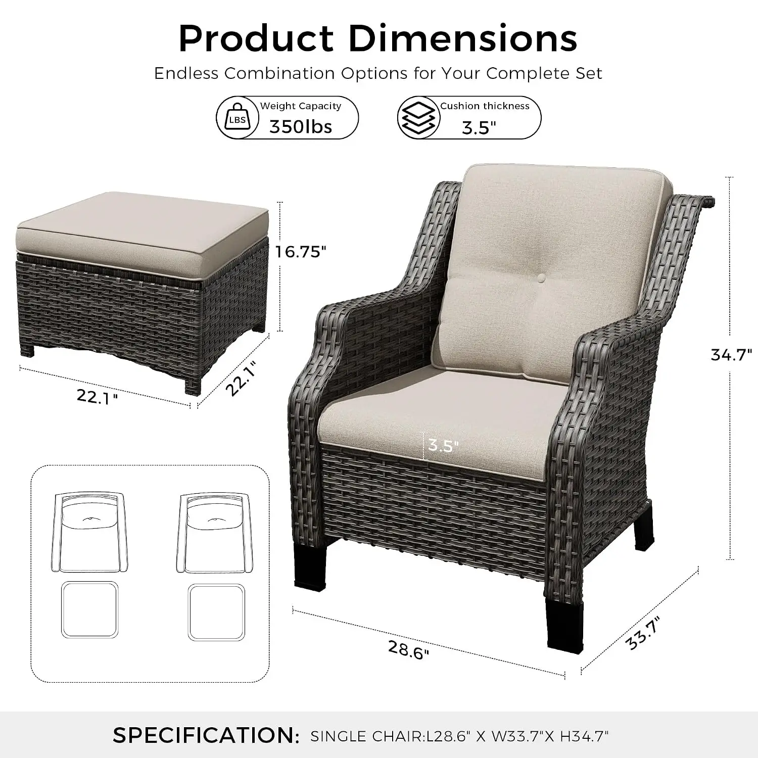 Outdoor Patio Furniture Set, 4 Piece Wicker Patio Furniture with Thick Cushions, Curved Armrest, Deep Seating,, Customized