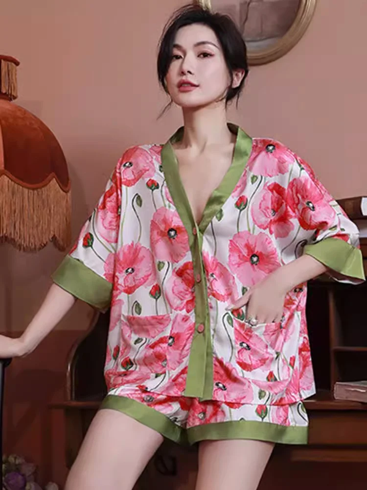 

Luxury Silk Pyjamas Shorts Set Print 100% Mulberry Silk Sleepwear Loose Homewear Plus Size Two Piece Short Silk Pajama For Women