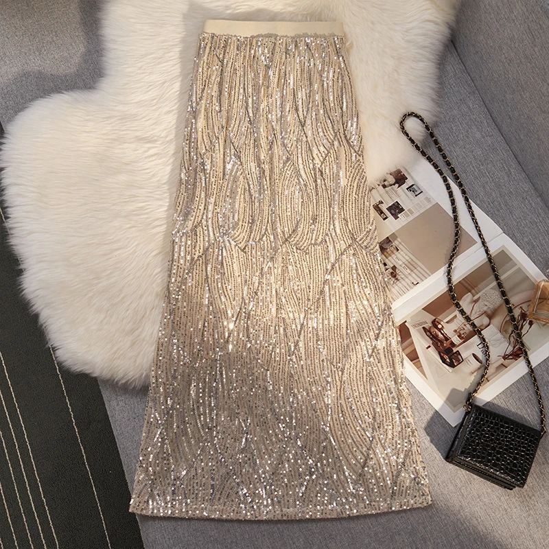 High Waisted Sequins Beading Long Skirt Womens 2023 Summer Stretchy Straight Stylish Fashion Chic Ladies Skirts 2023