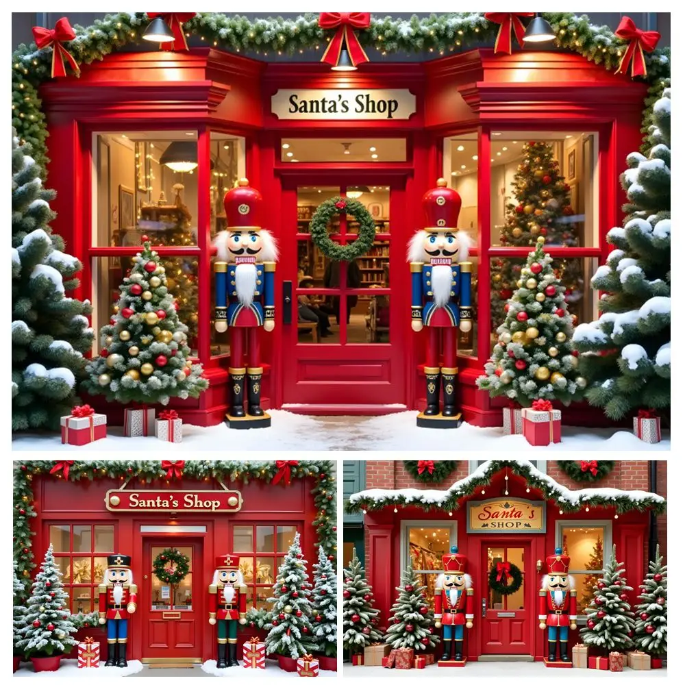 

Christmas Santa's Shop Backdrop Nutcracker Soldier Xmas Tree Gifts Christmas Party Decor Kids Portrait Photography Background