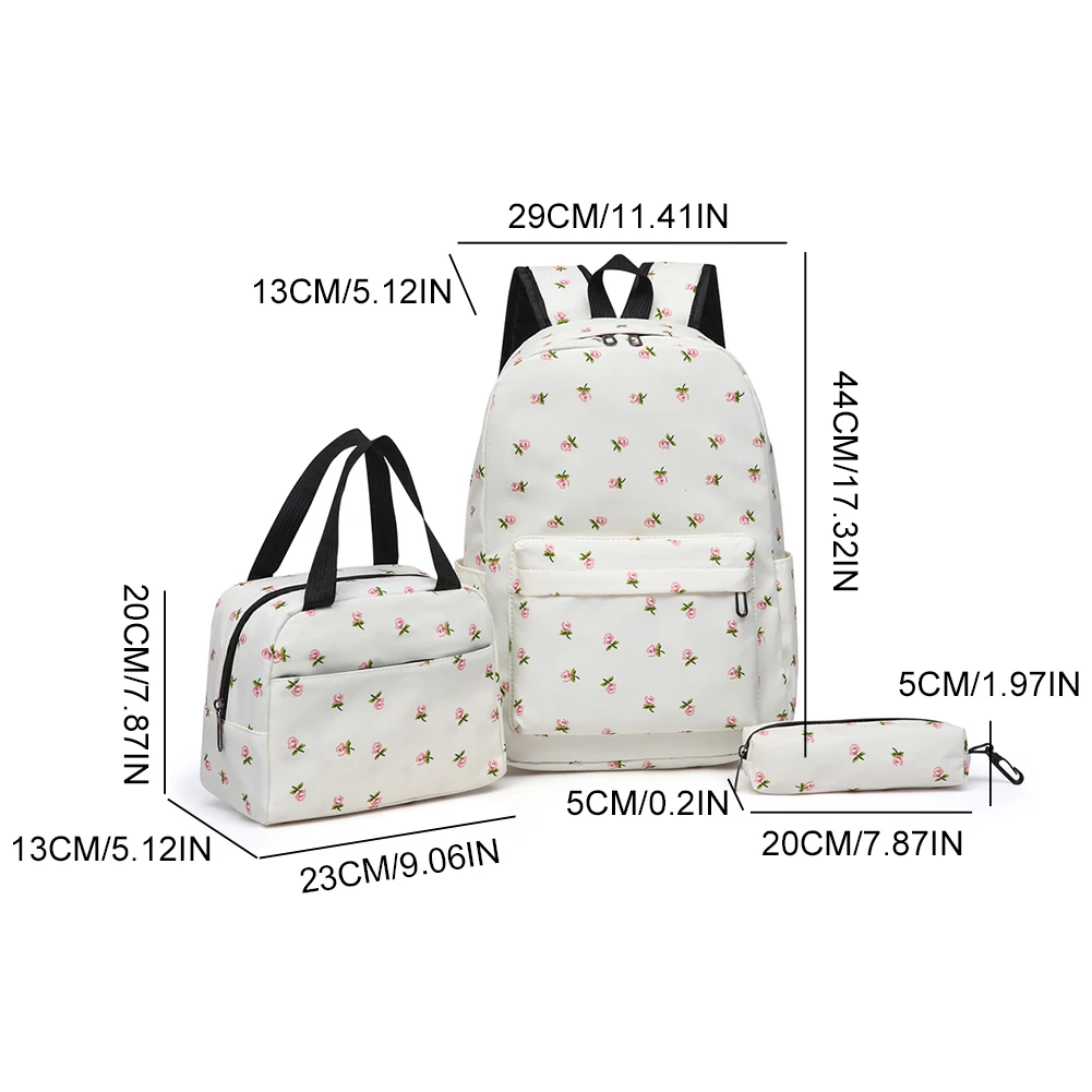 Conjunto de mochila floral para adolescentes, 3 peças, bolsa de livro com lancheira e estojo de caneta, mochila de nylon para laptop, grande capacidade, mochila de viagem