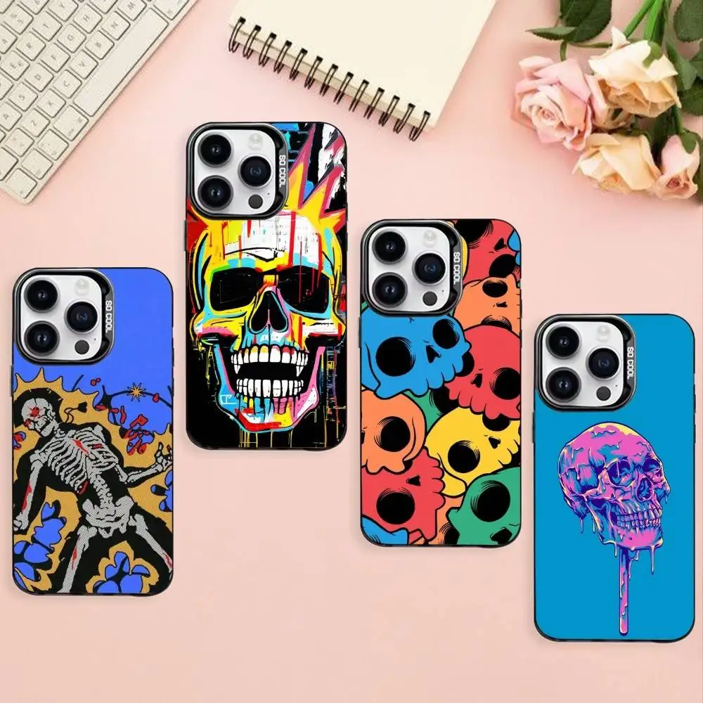 

American street skull Phone Case For iPhone17,16,15,14,13,12,11 Plus,Pro Max Black Border Silver Plated Cover