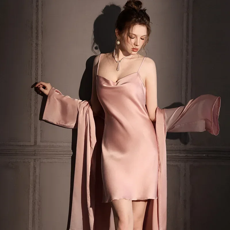

Luxury Pink Robe Set Lady Silkly 2Pcs Nightgowns Suit Solid Lingerie Chemise Sleepwear Women Summer New Nightwear Loungewear