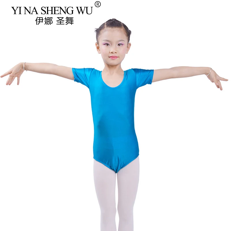 Dziewczęce body baletowe dziecięce niebiesko-białe trykoty taneczne z krótkim rękawem strój gimnastyczny spandex odzież do tańca latynoamerykańskiego dla dzieci