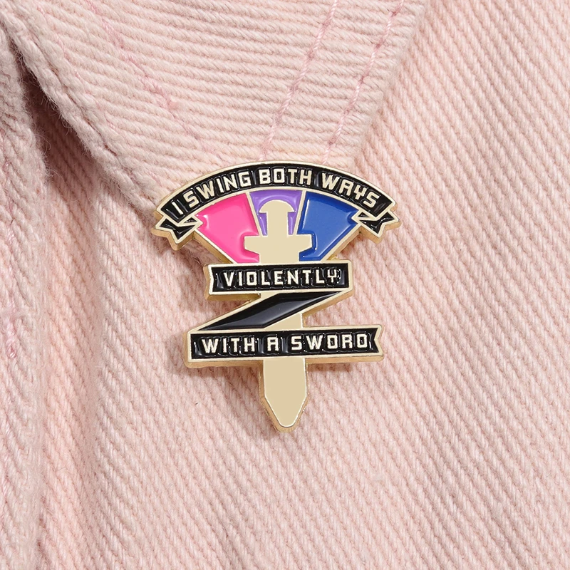 LGBT Rainbow Enamel Pins Bisexual Swing Both Ways Violently With A Sword Pride Brooches Lapel Badges Jewelry Gift for Friends