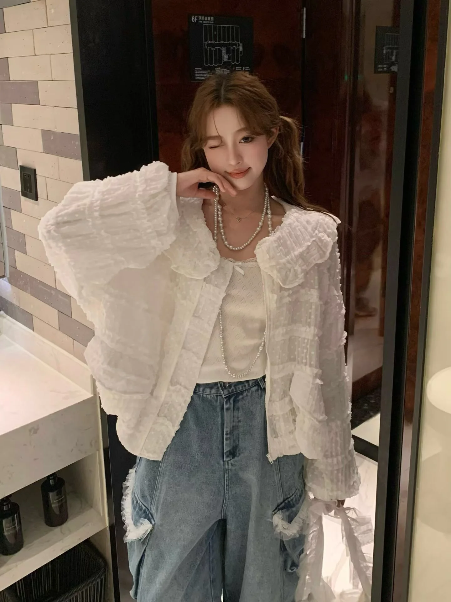 

Sweet Style Light Weight Lace Collar Sun Protection Women's Outerwear Dongda Gate Heavy Industry Doll Collar Pink Color