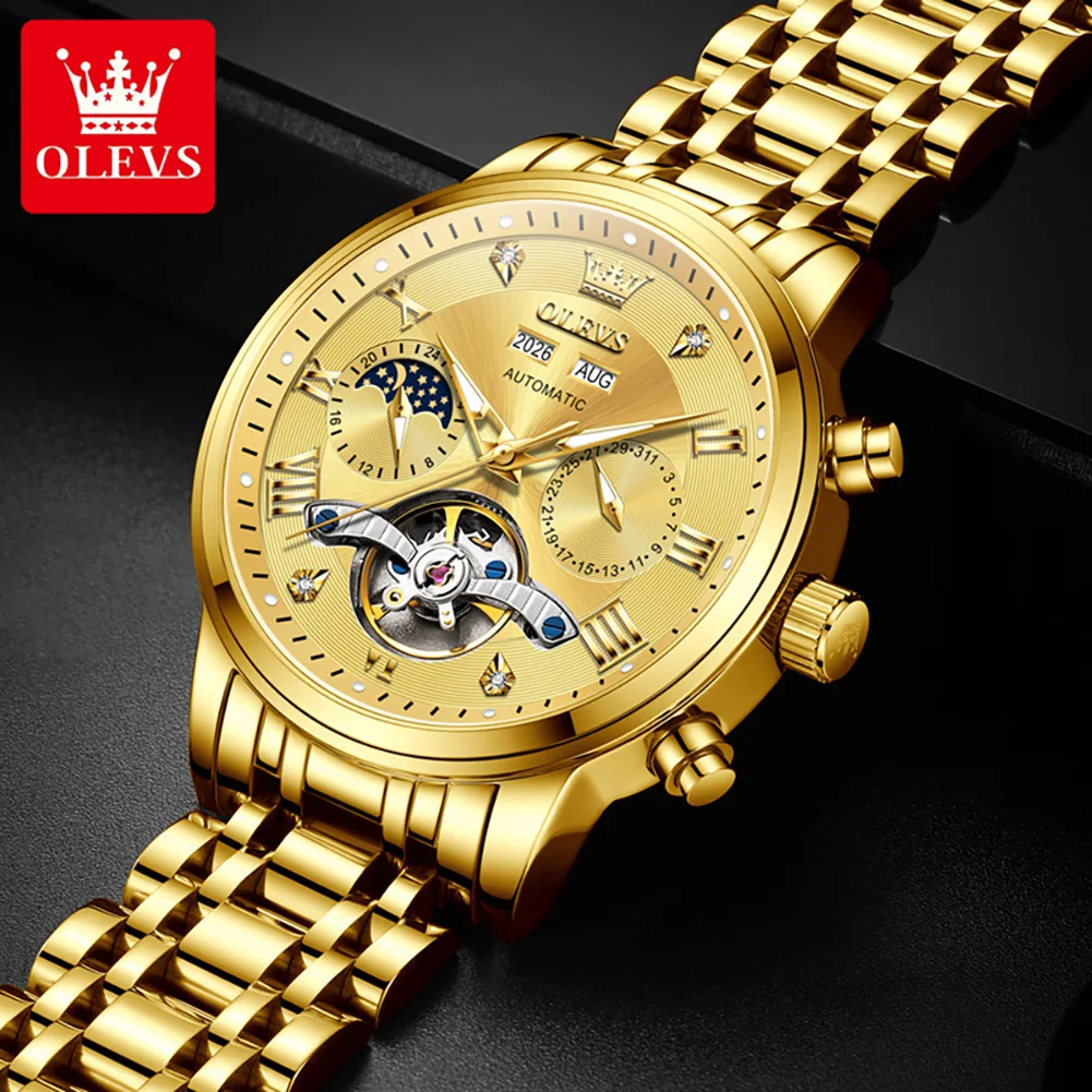 OLEVS 6763 Luxury Mechanical Movement Men Watch Tri-dial Chronograph 24-hour Moon Phase Month Window Luminous Waterproof Watch